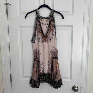 Free People Boho Sleeveless Mini Dress Tunic Pink Brown Gold Gray Size L